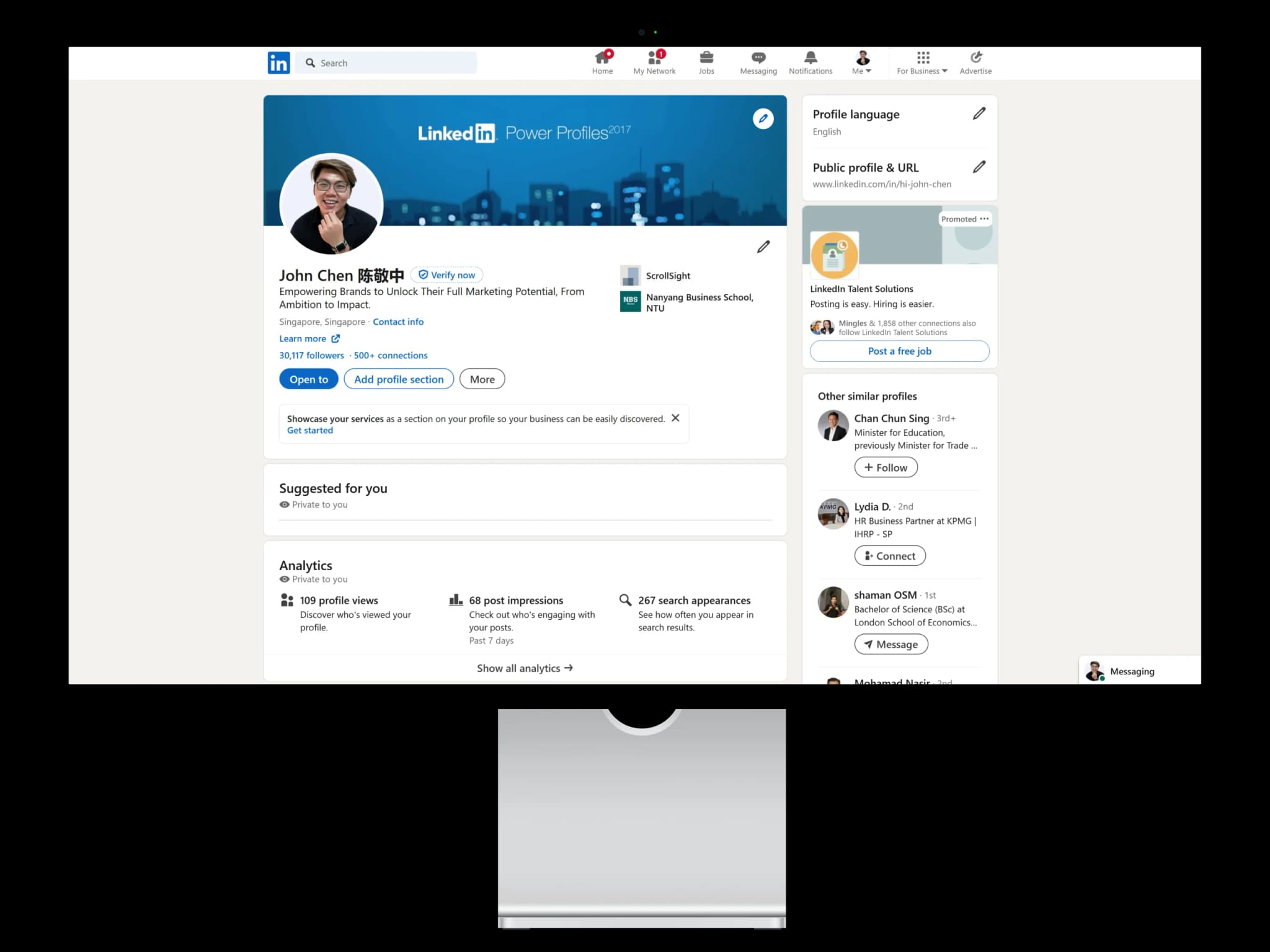 LinkedIn screen with John Chen's LinkedIn profile